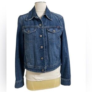 Vintage TOMMY HILFIGER Womens Boxy Cropped Light Distressed Jean Jacket Medium